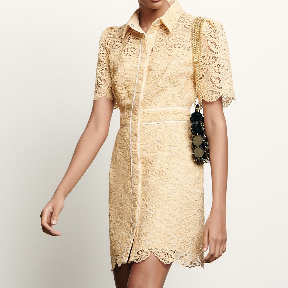 Sandro Live yellow embroidered-floral lace mini dress